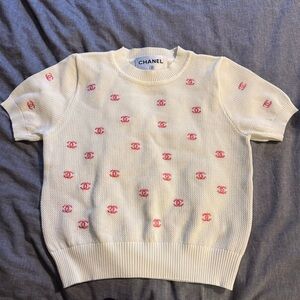 CHANEL Cream and Pink Logo Blouse